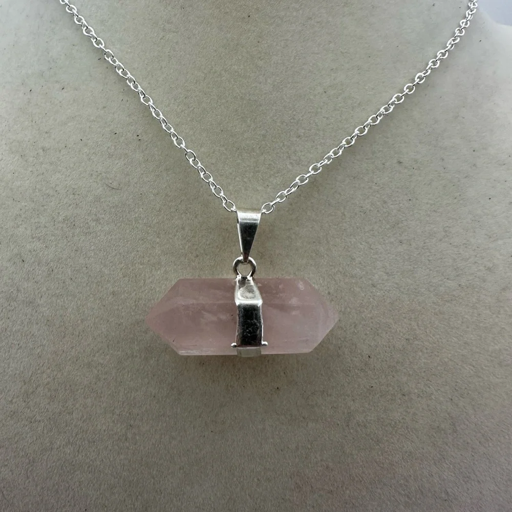 Double Terminated Rose Quartz Pendant on Silver Box Chain - Picture 1 of 8